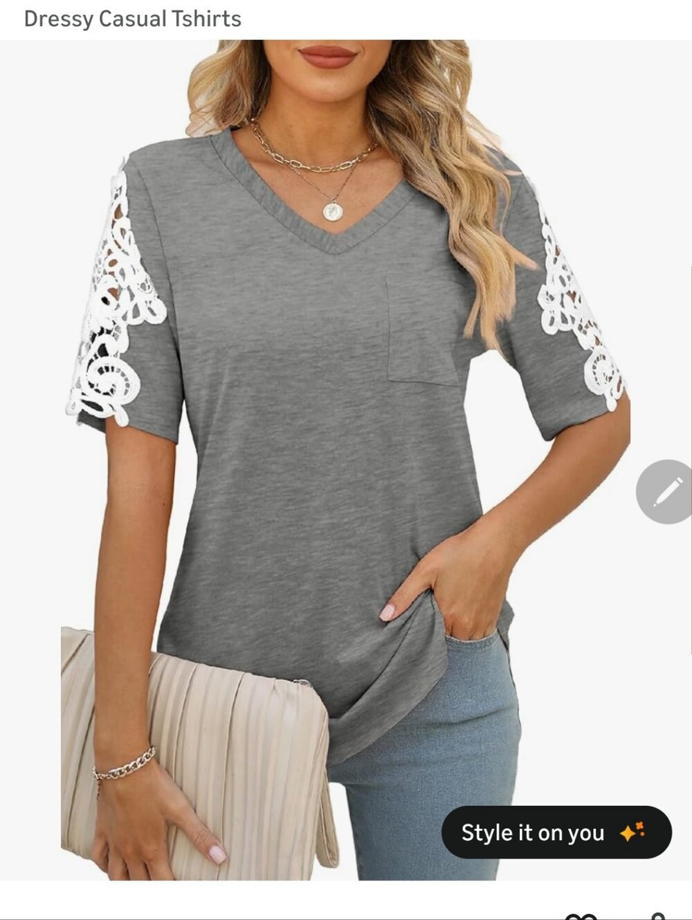 Amazon Gray V-Neck Tee with White Lace Sleeve Accents